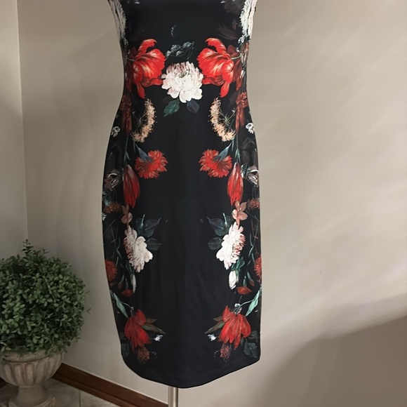 Express floral on black Strapless Sheath bodycon midi Dress formal zippered  12 - Picture 3 of 15
